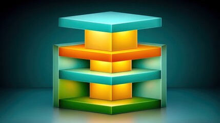 Abstract glowing geometric stack with layered turquoise, yellow, and green blocks forming a radiant architectural structure