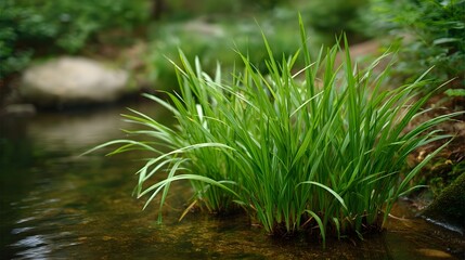 Lush green aquatic grass emerges from the clear waters of a tranquil stream set against a soft focus natural backdrop