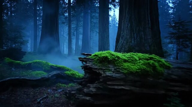 Glow on Ancient Tree Bark A slow, upward tracking shot along the rough, textured bark of an old tree, where patches of deep green moss are subtly glowing, creating an ethereal light against the