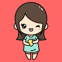 Cute cartoon girl holding heart isolated on transparent background