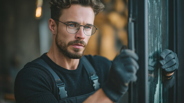 Skilled Glazier Installing Glass Window Pane in Building