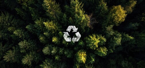 The Forest with Recycle Symbol Emphasizing Sustainability and Environmental Conservation from Above