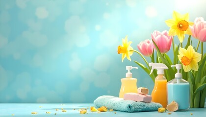 refreshing spring cleaning arrangement features vibrant pink tulips and yellow daffodils alongside soap dispensers and a soft towel on a sunny blue bokeh background