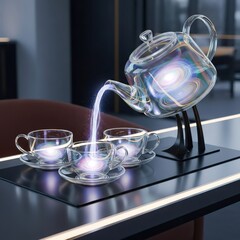 Glass teapot pouring luminous energy into cups. Futuristic concept of innovation or magic. Modern digital art for design element.