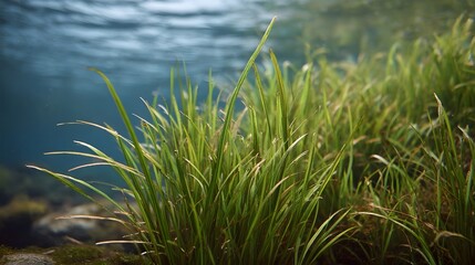 Obraz premium Close up view of lush green underwater grass swaying gently with the clear water current in a natural stream environment