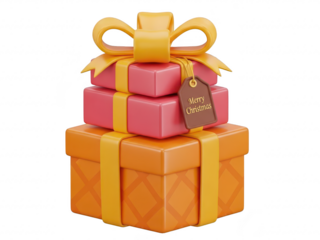 Stack of wrapped presents with ribbons and a gift tag isolated on transparent background