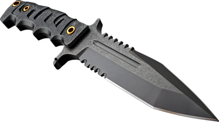 Tactical knife with serrated blade and textured black handle isolated on white background for military outdoor or survival use