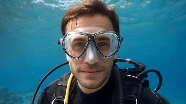 Close up portrait of a man scuba diving in crystal clear blue ocean water wearing a mask and professional equipment