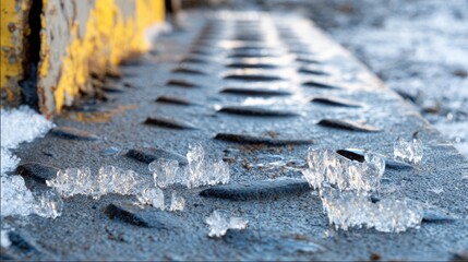 Snow ice accumulation on textured diamond plate industrial metal surface during winter, showing cold weather conditions, frozen steel texture, slippery hazard risk durability harsh outdoor environment