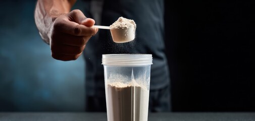 The Protein Powder Scoop Above a Shaker Bottle Ready for Mixing a Postworkout Shake