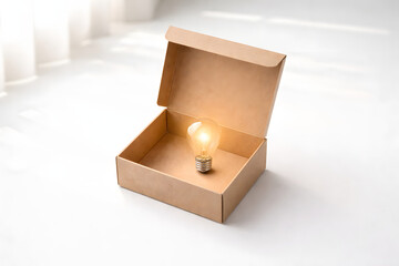 Illumination Unveiled: A glowing light bulb sits nestled within a cardboard box, casting a warm light and symbolizing ideas.