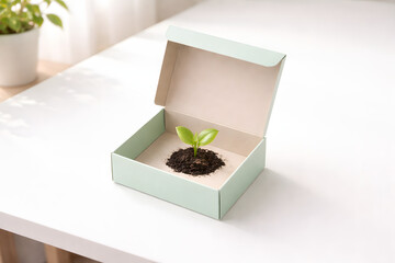 New Life in the Box: A tender sprout of new life unfurls in a small box, symbolizing growth and renewal. A scene of potential, capturing the essence of spring and new beginnings.