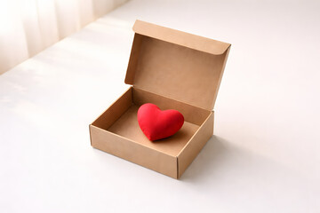 Box of Affection: A minimalist image, a heart rests lovingly inside an open cardboard box, ready to share the spirit of love and belonging.
