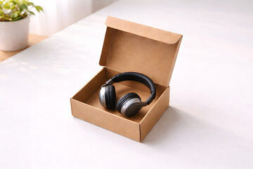 Headphones in Brown Box: Minimalist composition features a pair of high-fidelity headphones presented inside an open, corrugated cardboard box. The box sits on a bright, minimalist surface.