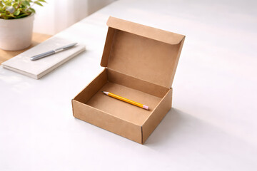 Minimalist Package Design: An empty package box, alongside with stationary, symbolizes the essence of simplicity.