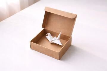 Origami Crane in Box: A delicate origami crane rests gracefully within an open cardboard box, a symbol of patience and beauty, a tribute to the art of paper folding.