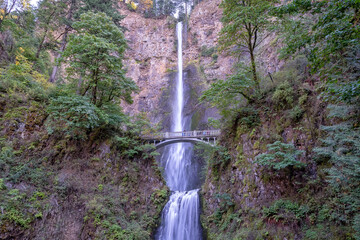 A waterfall is seen in the distance with a bridge over it. The bridge is a suspension bridge and is surrounded by trees. The waterfall is a beautiful sight