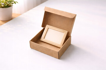 Open Box and Frame Displaying Simplicity: A minimalistic scene featuring an open box with a wooden frame inside, evoking themes of design, and home decor