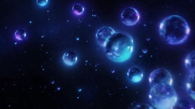 Spherical Luminous Forms Focus on the gentle, slow drift and rotation of the glowing bead-like orbs, emphasizing their perfect spherical shape and internal light source.