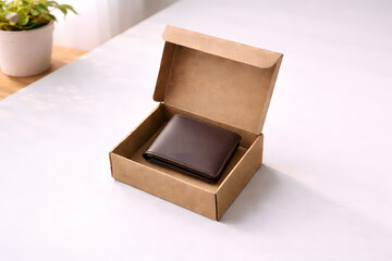 A Timeless Treasure: The brown leather wallet rests elegantly inside a simple cardboard box. Capturing the essence of minimalism. 
