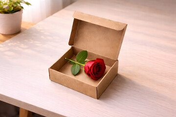 Elegant Gift: A single, vibrant red rose rests delicately within an open, rustic cardboard gift box, signifying love, romance, or a thoughtful gesture, framed beautifully on wooden table