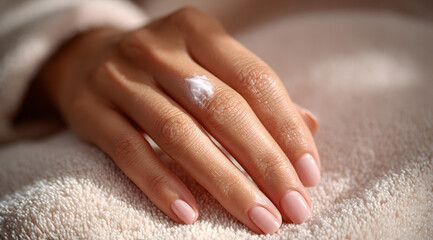 Naklejka premium Close up of hands applying moisturizing cream. Woman rubbing white lotion on dry skin. Skincare and hydration routine concept