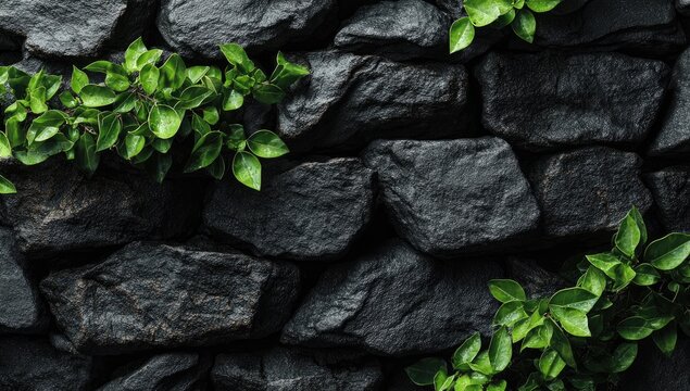 Close-up of dark grey stacked stone with bright green leafy vines climbing across the surface
