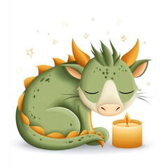 Fototapeta premium Cute green dragon sleeping peacefully beside candle with stars on white background