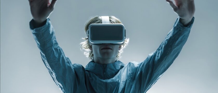 The person wearing a virtual reality headset reaching out in futuristic light - Powered by Adobe