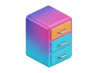 A colorful cabinet with three drawers on a white surface isolated on transparent background