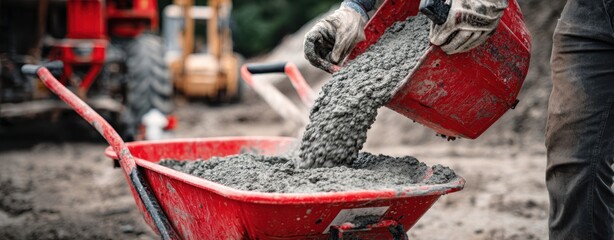 The Wheelbarrow Filled with Fresh Concrete Being Poured at Construction Site