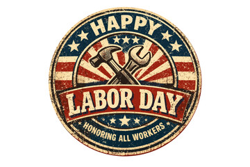 Happy Labor Day emblem with hammer and wrench honoring all workers