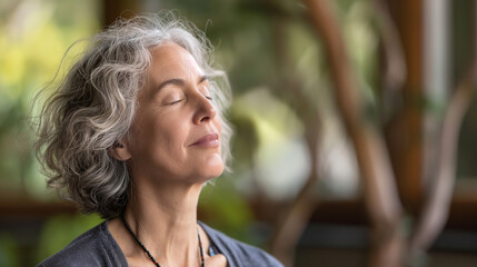 Calm senior woman meditating outdoors with eyes closed, embracing peaceful mindfulness and relaxation. Concept of wellness, inner balance, mental clarity, spiritual harmony, and healthy aging.