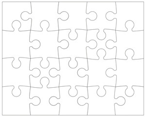 Puzzle twenty pieces rectangle printable contour isolated on white background. Jigsaw puzzle game template with angles. Puzzle outline 20 pieces, adjustable layout.