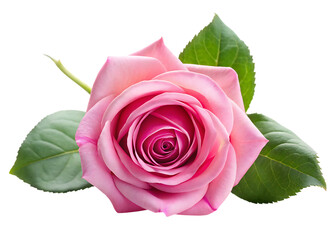 Fototapeta premium Pink rose with green leaves on black background flower