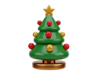 A ceramic christmas tree with red and gold ornaments on a white surface isolated on transparent background