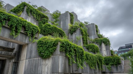 This structure features a modern architectural style with multiple levels, adorned by lush green plants and vines. Its unique design promotes sustainability in the city.
