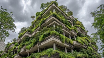 A unique building features multiple levels adorned with dense greenery. The design integrates nature within an urban environment, showcasing modern architecture amidst dramatic clouds.