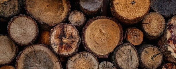 The Stacked Logs Showing Cross Sectional Rings and Rustic Wood Texture Across Cut Surfaces