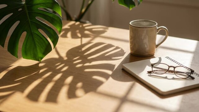 A cozy scene unfolds on a wooden table bathed in soft sunlight, showcasing a mug, a notebook, and eyeglasses. The shadow of a large monstera leaf casts intricate patterns.