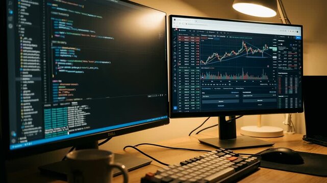 A programmer's workspace, showcasing two computer monitors displaying coding and stock market data, alongside a keyboard and mouse, evoking a sense of technological proficiency and data analysis.