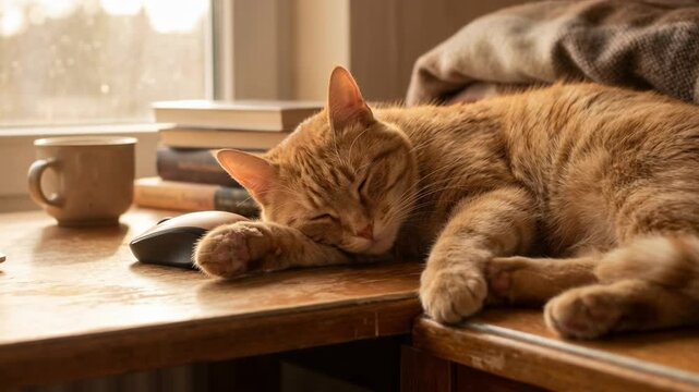 A serene orange tabby cat is deep in slumber, its peaceful nap showcased on a sunny windowsill, among stack of book and warm drink.