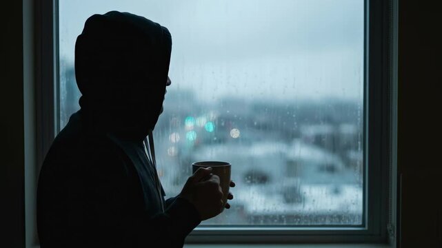 A pensive figure in silhouette stands before a rain-streaked window, clutching a warm mug and lost in contemplation. The scene evokes a mood of solitude, tranquility, and introspection.