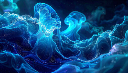 Obraz premium 透明感あふれる青いクラゲが優雅に泳ぐ深海の世界