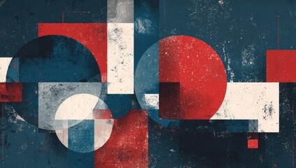 Abstract composition with geometric shapes in red, white and blue, over a textured background