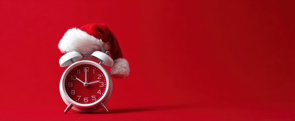 The Alarm Clock Wearing a Santa Hat on Red Festive Background