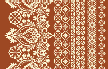 floral pattern vintage ethnic modern embroidery texture boho design vector illustration hand drawn pink flower motif branches leaves wallpaper seamless background border.