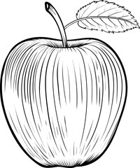 A black and white illustration of a simple apple with a leaf