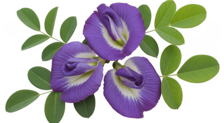 Purple flowers with green leaves isolated on a transparent background