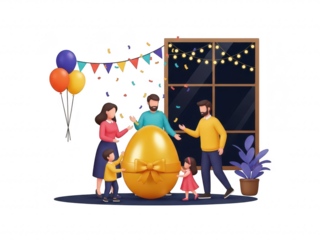 Family celebrating with a large wrapped gift and balloons near a window at night isolated on transparent background